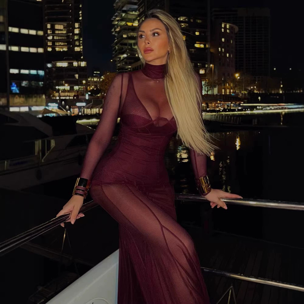 Zara Sheer Mesh High Neck Mermaid Maxi Gown Long Sleeve Bodycon 2-Piece Party